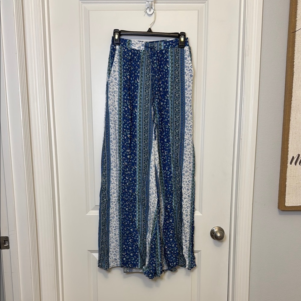 Sage Blue and White Patterned Wide Leg Pants
